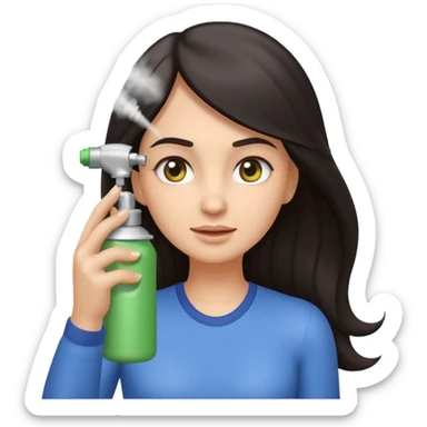 Emoji-style illustration of a woman with long dark hair, front-facing, simple rounded facial features, big expressive eyes, flat vector shading. A hand is spraying hair spray from a small aerosol can toward her hair, visible mist/spray particles in the air.  sticker
