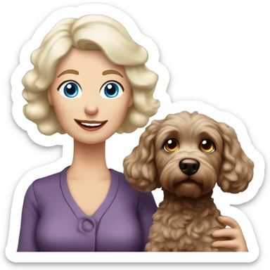 blue eyed old blonde lady with dark brown Cockapoo puppy dog sticker