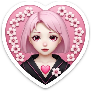 goth sakura heart, heart made of white sakura petals with pink accents sticker