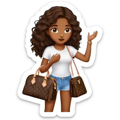  Brown girl with dark brown medium beach wavy hair carrying one Louis Vuitton purse on her arm while standing  sticker