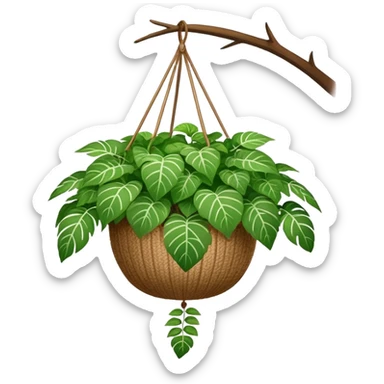 Plectranthus Verticillatus plant with round green leaves in a coconut fiber hanging basket sticker