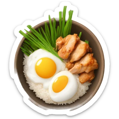a bowl of rice with two eggs and chicken thigh upright sticker