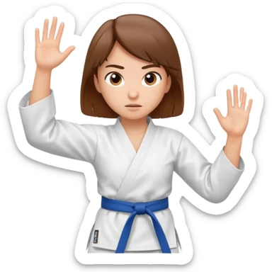 Ragazza castana che pratica karate, ha la cintura nera ed io tradizionale kimono bianco del karate, in posizione di guardia sticker