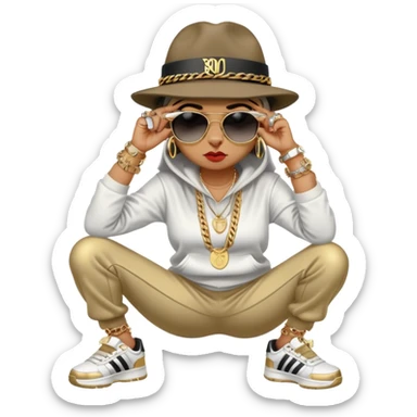 female cat wearing Run DMC hip-hop outfit with tracksuit, fedora, Adidas sneakers, dark sunglasses, many gold chains, rings, bracelets, flashy earrings, fallen down with distressed expression sticker