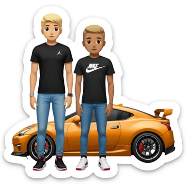 Grunge-style analog photo, London 2025, person inspired by the new reference image in model pose in front of a Nissan GT 86, black t-shirt, jeans, Nike Air Jordan low, using flash, analog grain, city night, 1/8. sticker