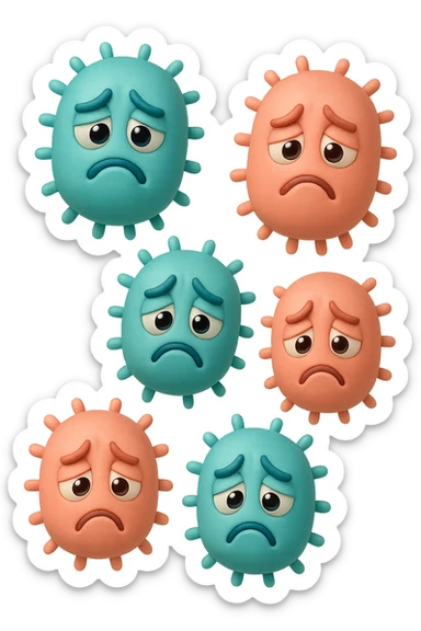 EMOJI STILE IPHONE DI 3 BATTERI INTESTINALI turchesi tristi e 3 batteri intestinali rosa salmone tristi CHE FLUTTUANO IN ARIA IPERREALISTICO 4K sticker