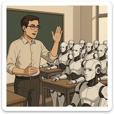 A human teacher standing in front of a classroom of androids, raising a hand to explain a concept sticker