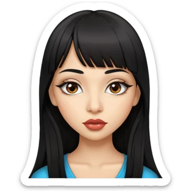 Indian girl with straight long hair and a fringe, big lips, slightly slanted eyes, winged eye liner sticker