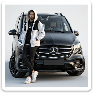 cool male character in white sneakers, black pants, white hoodie, black vest, hood up, leaning on a black 2024 Mercedes-Benz V-Class Extra Long 300 d, photorealistic style sticker