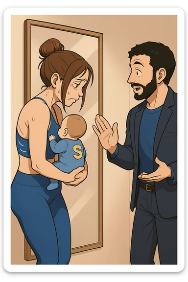 ispirati a questo stile di disegno e fai questa immagine in versione manga/webtoon a colori, il manga mostra la donna che si guarda alla specchio preoccupata di profilo con la postura sbagliata e incurvata, spalle chiuse e curve in avanti, con un neonato in braccio con una tutina azzurra e la scritta "S" sulla schiena, spina dorsale storta della donna in evidenza mentre al suo fianco anche l'uomo guarda la donna riflessa nello specchio e le spiega una cosa, ma non fare i fumetti, fai come se stessero parlando sticker