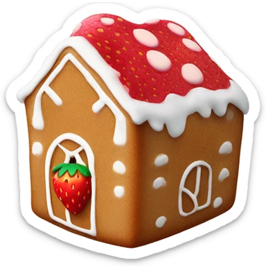 Checker strawberry with a gingerbread house behind it sticker