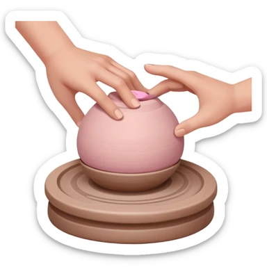 one hand centering a pink ball of clay on an empty pottery wheel, pressing down with palm to center it sticker