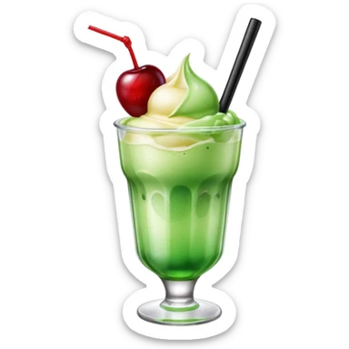 Create an emoji with a clear rounded glass, bright transparent green soda with fine bubbles, a smooth vanilla scoop, a glossy red cherry, and a black straw, using vibrant colors, soft shading, and clear glass highlights.
 sticker