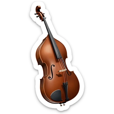 Create an elegant and detailed emoji representing a Gliga Gama double bass with bow. The design should showcase the large, sleek body of the double bass with its rich wood finish, including the characteristic curves and deep tone holes. The bow should be elegantly positioned next to the instrument, highlighting the hair and smooth wooden stick. Use warm wood tones like chestnut brown for the body of the bass, silver accents for the fittings, and dark brown for the bow. Add subtle musical notes or sound waves flowing from the bass to represent its deep, resonant sound. The background should be transparent. sticker