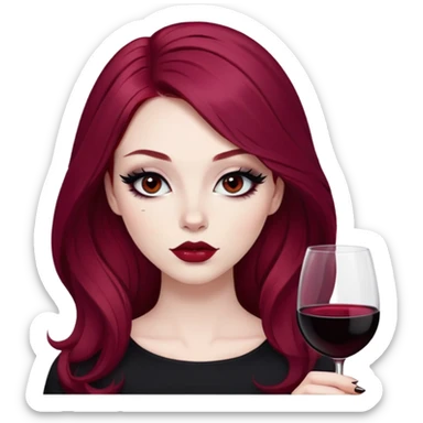 pretty baddie, wine red hair, cute lips, pale skin, long hair, dark brown eyes, bold black eyeliner sticker