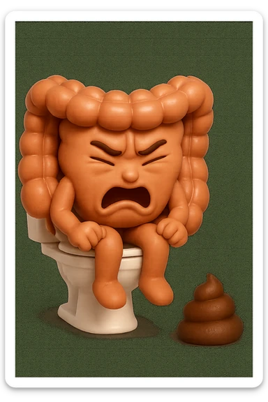 SU QUESTO STILE FAI UN EMOJI STILE IPHONE 3D DI UN INTESTINO CHE sta seduto sul wc e davanti ha una montagnetta di feci a palline stile emoji iphone, fallo senza naso e FAGLI UN ESPRESSIONE di dolore mentre si sforza E FALLO MOLTO REALISTICO IN 3D sticker