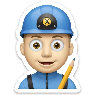 A round head puppet with 2 buck teeth a blue bike helmet and a round nose with a pencil in it also he has a unibrow and blue eyes and a yellow shirt that says jeffy sticker