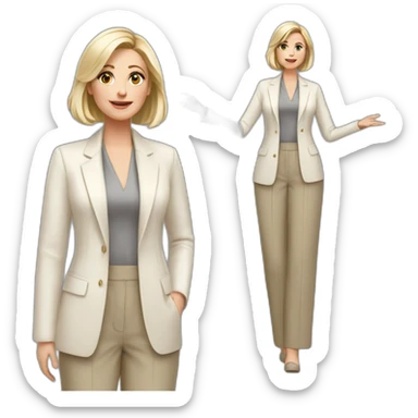Full height Actively gesturing with hands pale skin woman with ash blonde Straightened bob Hair, White Spacious classical jacket, beige palazzo Arrow pants and gray blouse sticker