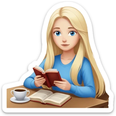 Cinematic realistic blonde with long hair and blue eyes, sitting reading a book, coffee is on the table next to her sticker
