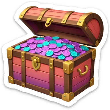 wooden brown treasure chest filled with  coins 
Change coins color in in gradient of turquoise, blue, pink, purple, and coral sticker