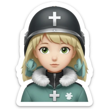a cute anime girl with short blonde hair and soft bangs, large light blue eyes, and a gentle, calm expression. She is wearing a dark gray helmet with a small cross symbol on the front and a green coat with a fluffy white fur collar. Minimalistic, soft, and innocent character design. sticker