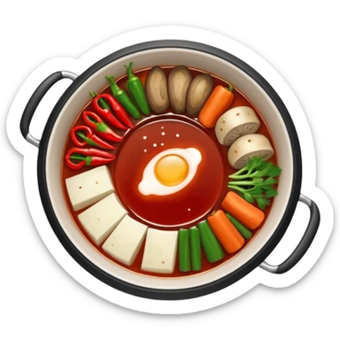 A hot pot emoji in top-down view. The pot is divided into two sections: one with spicy red broth filled with chili peppers, and one with mild white broth. Surround the pot with rolled slices of meat, vegetables, and mushrooms.The meat outside the pot sticker