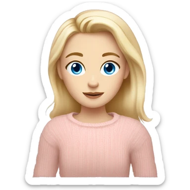 Pretty blue eyed white girl with blond hair with light pink sweater reading cozy sticker