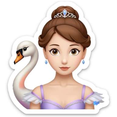 Beautiful lady with fair skin, brown hair, and large hazel eyes. She is wearing a low ballet bun and wearing the ballet costume of The Swan Queen sticker