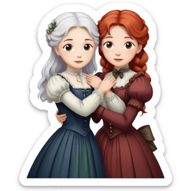 Two modest Victorian women hugging, one with white hair and one with copper red hair, wearing long Victorian dresses sticker