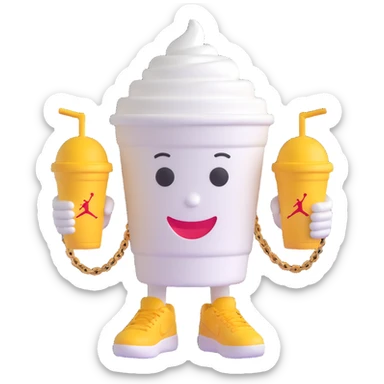 3D cartoon character of a Styrofoam cup of lean (purple drank), with a friendly face, arms, a gold chain, and Jordan sneakers, simple style sticker