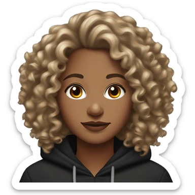 Curly haired medium skin tone woman with a black hoodie and hoop earrings  sticker