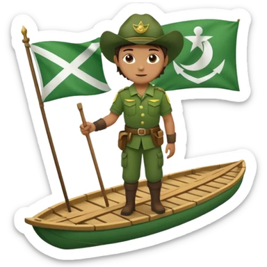ranger on a wooden raft with a white flag sticker