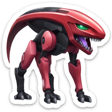 a shiny black-red Genesect-Raptor-Fakémon—hybrid with a futuristic visor-helmet full body sticker