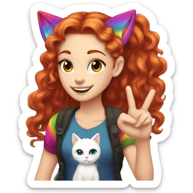 a white girl with long red curly hair in a pony tail with rainbow shirt does peace sign wearing cat ears one black other white sticker