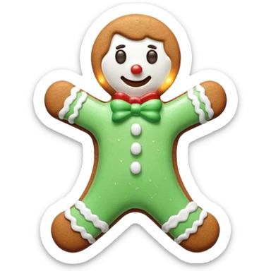 3D render of Gingerbread Man, made entirely of dessert materials, glistening sugar crystal texture, baked brown cookie texture with white icing details, delicious confectionery aesthetic, Apple emoji style, isolated on white background --v 6.0. sticker