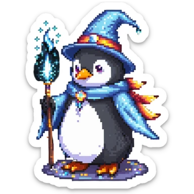 Penguin wizard casting a magic spell, with magical sparkles sticker