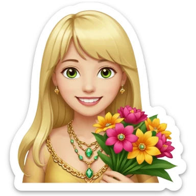Long blonde haired with bangs, and big boobs smiling woman with hazel geen eyes, wearing gold gemstone chains,  holding a big bouquet of beautiful bright flowers  sticker
