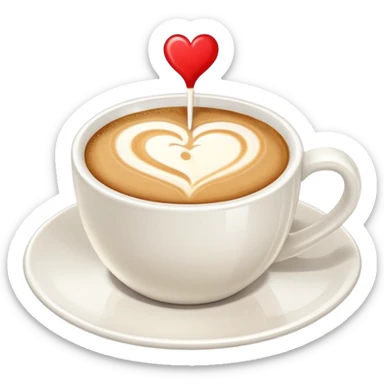 a flat white coffee without a face in a clean white coffee mug having  poured heart with latte on top sticker