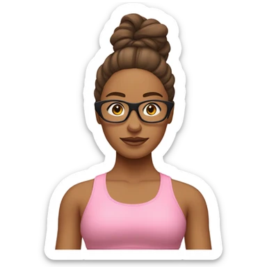 emoji de chica relizando yoga, usa lentes de maco dorado y sin finos, tiene un traje de gimnasia rosado y su cabello es cobrizo sticker
