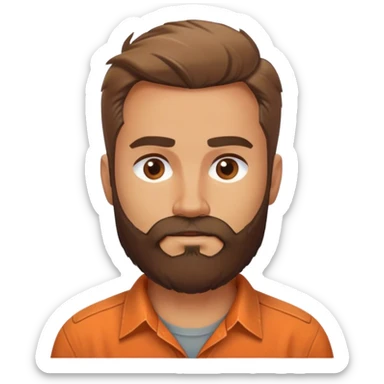 Create a rugged but friendly man (30-50 years old) with a well-groomed beard, strong build, and kind eyes. He wears a weathered orange Columbia-style shirt, exuding confidence and warmth. sticker