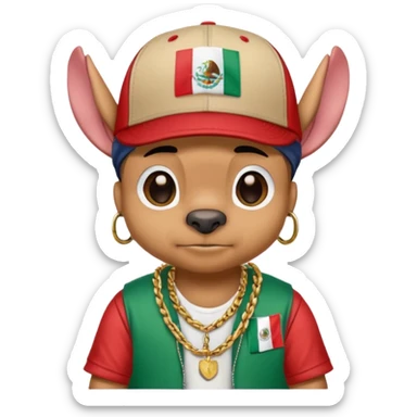 Crea un emogi de stich estilo reguetonero con una gorra con el nombre de Liam y la bandera de México en el pecho y lucho Blin blin sticker
