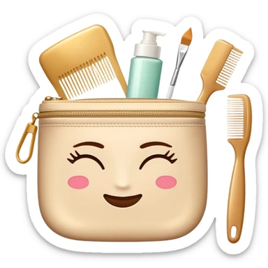 Lux A comb, an elastic band, a hairpin and face cream are in a beige cosmetic lux bag without eyes and month  sticker