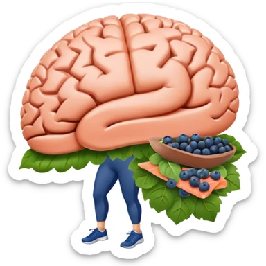 brain surrounded by healthy lifestyle choices, exercising, salmon, dark chocolate, blueberries, seeds, leafy greens . brain booster sticker