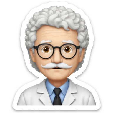 An elderly scientist emoji fluffy curly white hair, brown eyes behind black-framed glasses, a narrow pointed face, and a thin straight white mustache above his mouth. sticker
