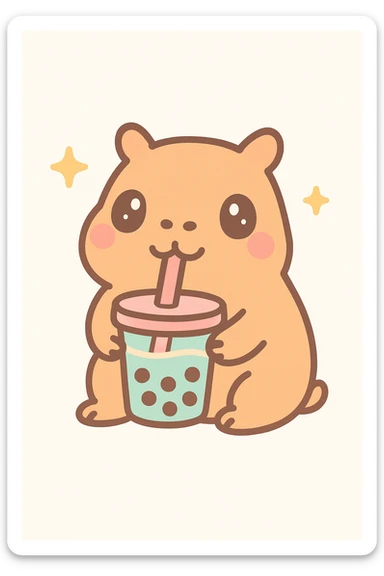 a fun and cute capybara drinking boba tea, playful and charming, adorable and friendly, with a straw and tapioca pearls visible sticker