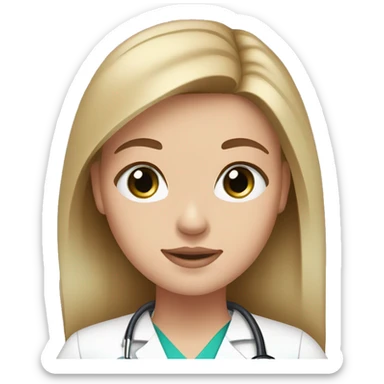 white girl, green-blue eyes, light brown straight hair, pink scrubs, pink lips, doctor sticker