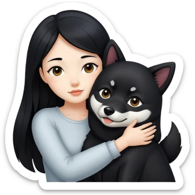 A beautiful girl with long black hair hugs a black Shiba Inu sticker