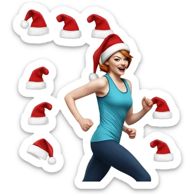 Emma stone running wearing a santa hat sticker
