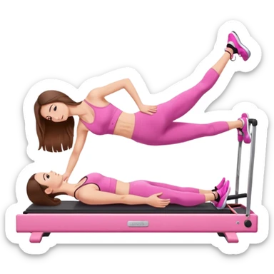 long brown hair girl doing a plank on a pilates reformer in a pink workout set sticker