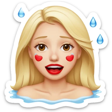blonde having crying emoji tears (water-emoji) from hard laughter. really happy in general, happy eyes. red lipstick sticker